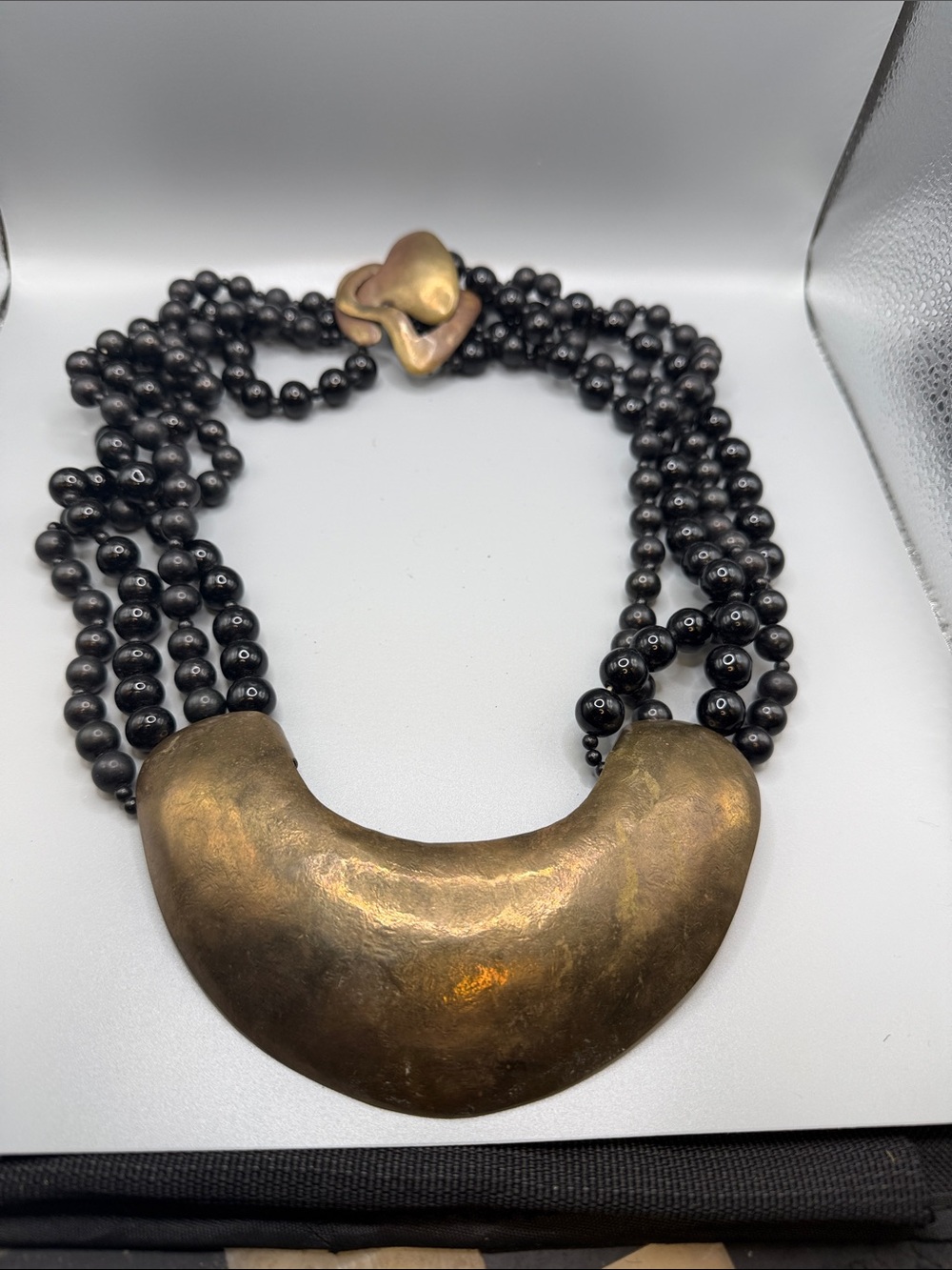 Multi-Strand Black Bead Necklace with Gold Crescent Signed Rafael  Sanchez